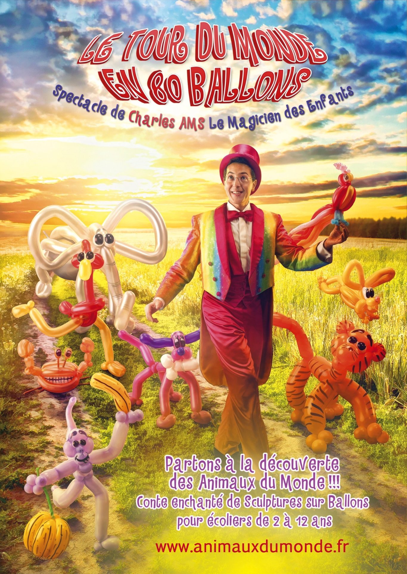 Tour du Monde en 80 Ballons Affiche du Magicien 92 beau spectacle magie enfant en école, centre de loisirs à Suresnes 92150 dans les Hauts-de-Seine. Sculpture ballons